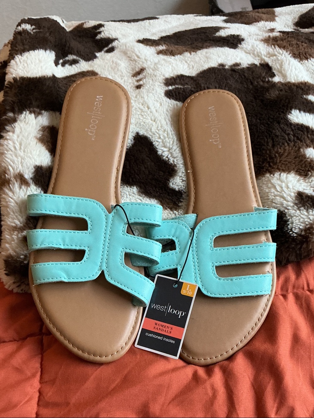 west loop Aqua-Turquoise Open Cut Slide Sandals